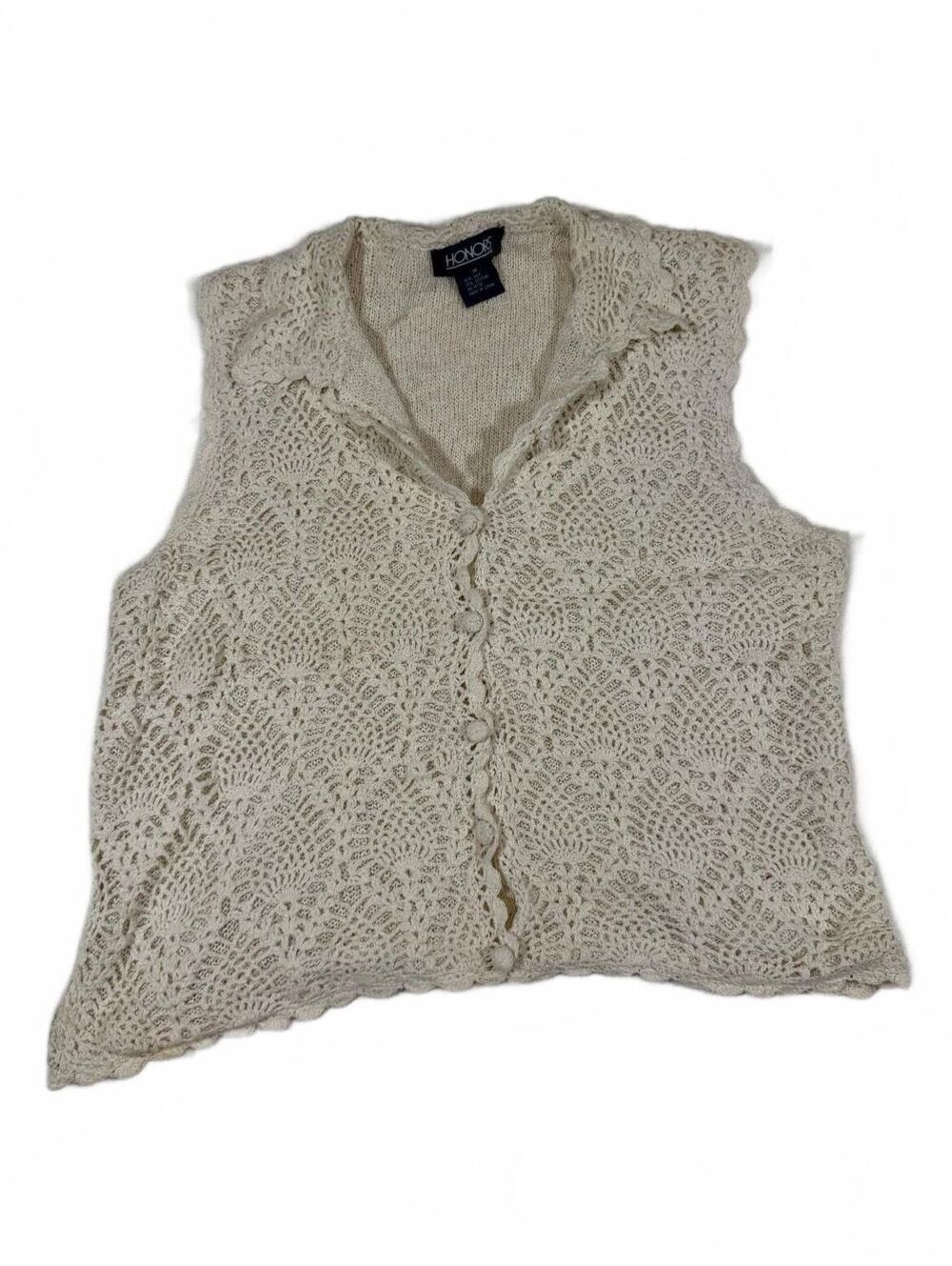 Vintage 90s Honors Brand Beige Knit Crochet Sleeveless Vest Size M Silk Blend